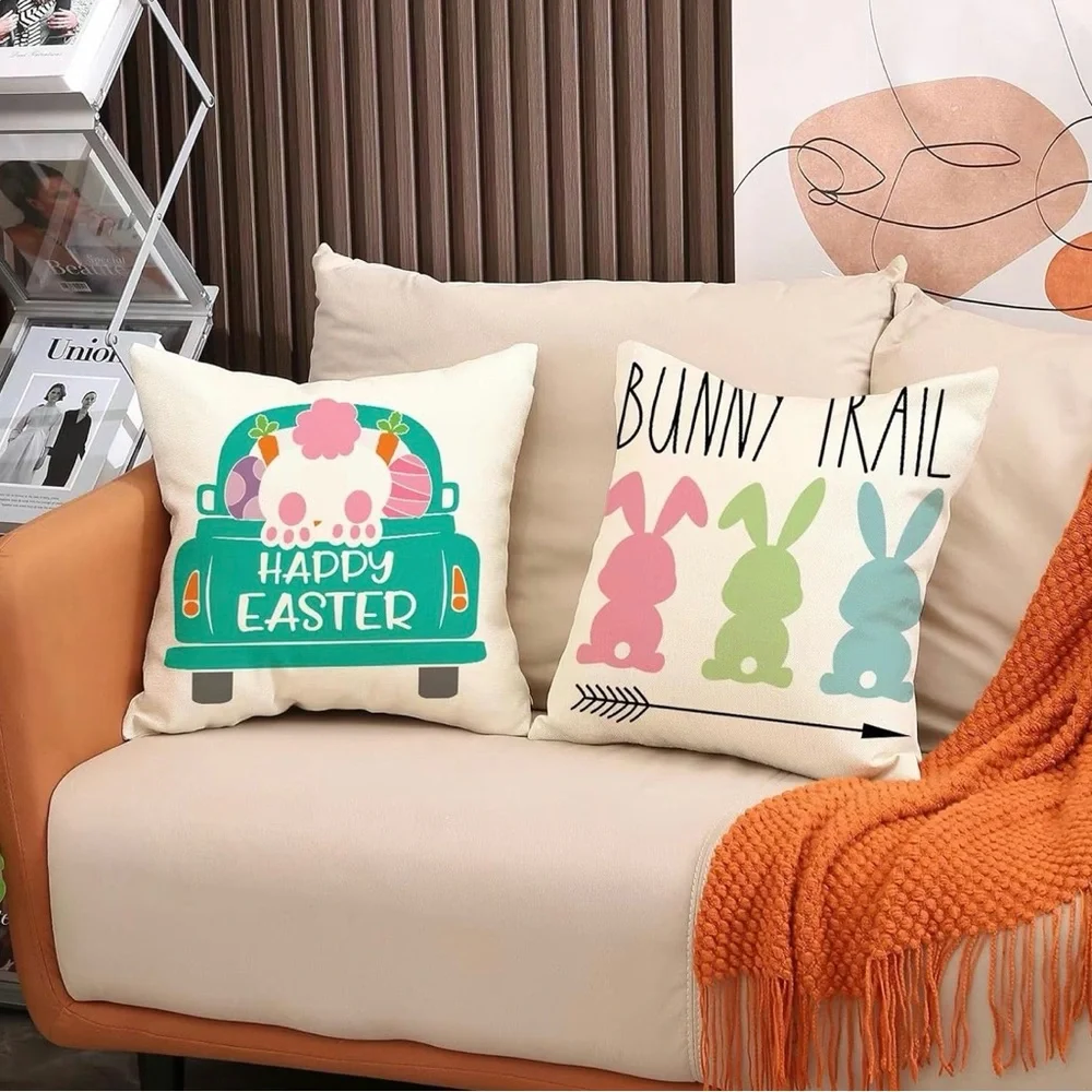 Easter Bunny Holiday Throw Pillow Covers - 18”x18” Set of 4